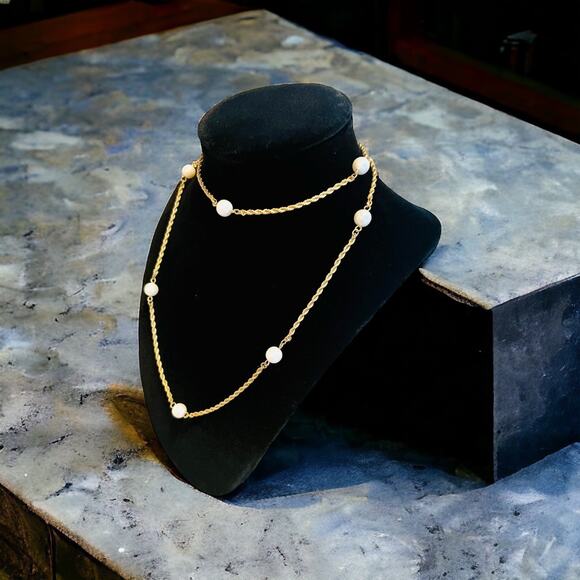 Gold Tone Faux Pearl Classic Timeless 29'' Opera Length Necklace-Rope Chain - Picture 2 of 7